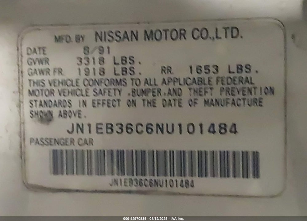 1992 NISSAN NX 1600 VIN: JN1EB36C6NU101484