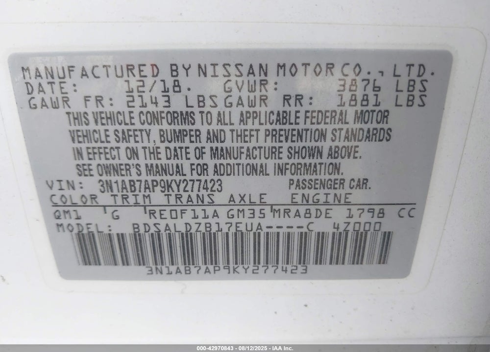 2019 NISSAN SENTRA VIN: 3N1AB7AP9KY277423