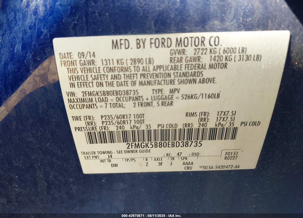 2014 FORD FLEX VIN: 2FMGK5B80EBD38735