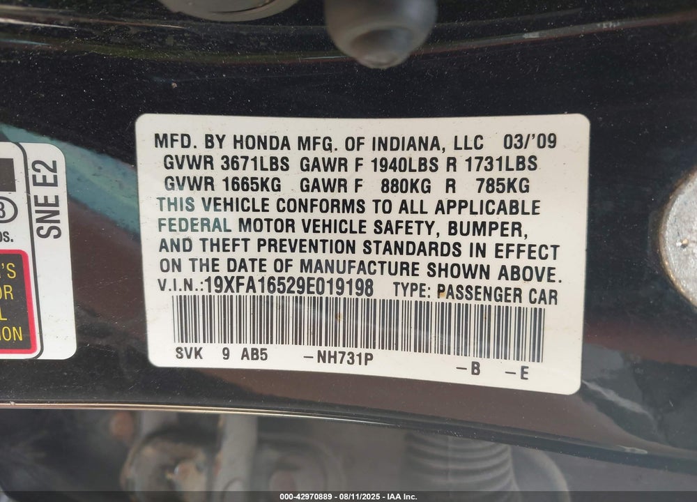 2009 HONDA CIVIC VIN: 19XFA16529E019198