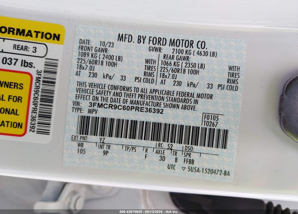 2023 FORD BRONCO SPORT VIN: 3FMCR9C60PRE36392