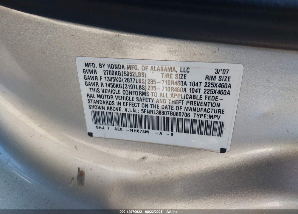 2007 HONDA ODYSSEY TOURING VIN: 5FNRL38807B060706
