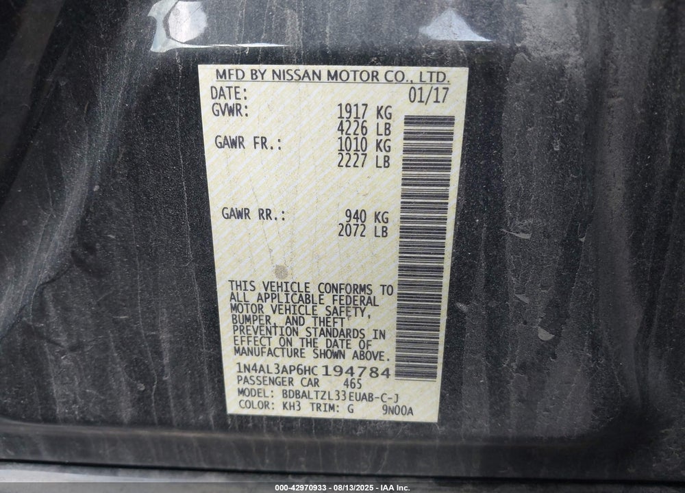 2017 NISSAN ALTIMA VIN: 1N4AL3AP6HC194784