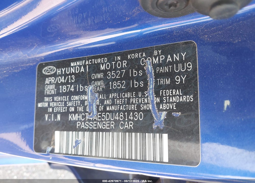 2013 HYUNDAI ACCENT GLS VIN: KMHCT4AE5DU481430