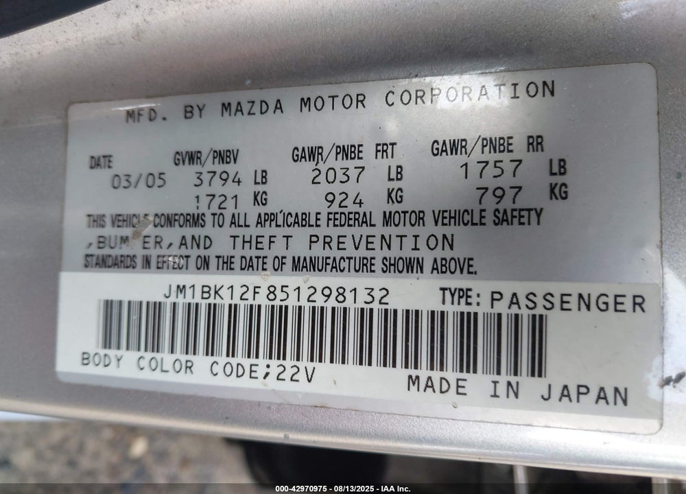 2005 MAZDA 3 I VIN: JM1BK12F851298132