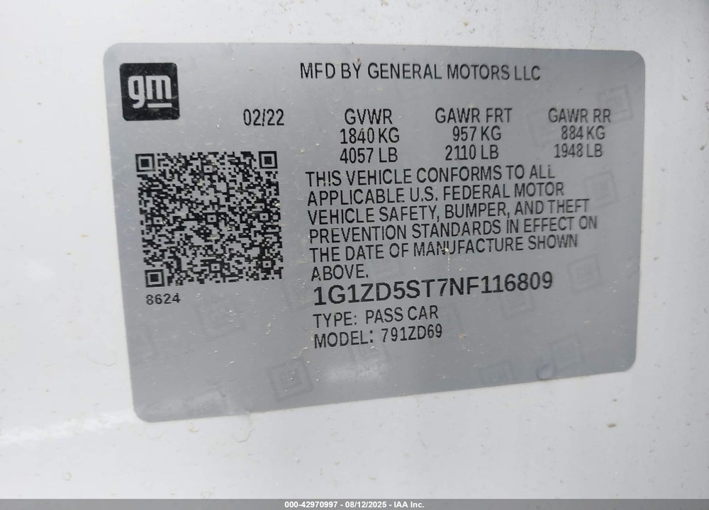 2022 CHEVROLET MALIBU VIN: 1G1ZD5ST7NF116809