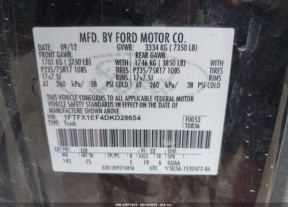 2013 FORD F-150 VIN: 1FTFX1EF4DKD28654