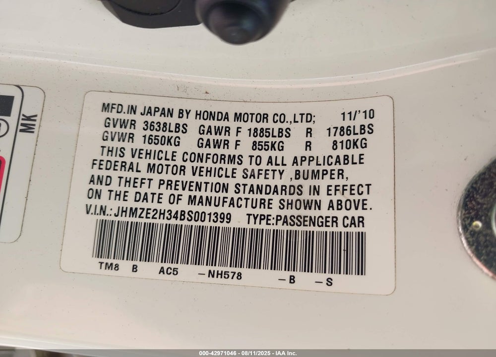 2011 HONDA INSIGHT VIN: JHMZE2H34BS001399