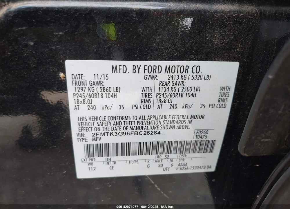 2015 FORD EDGE VIN: 2FMTK3G96FBC26284