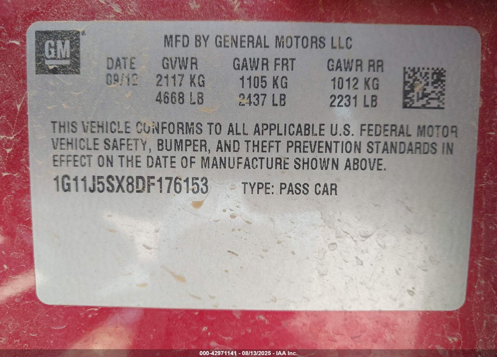 2013 CHEVROLET MALIBU VIN: 1G11J5SX8DF176153