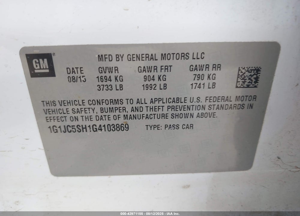 2016 CHEVROLET SONIC VIN: 1G1JC5SH1G4103869