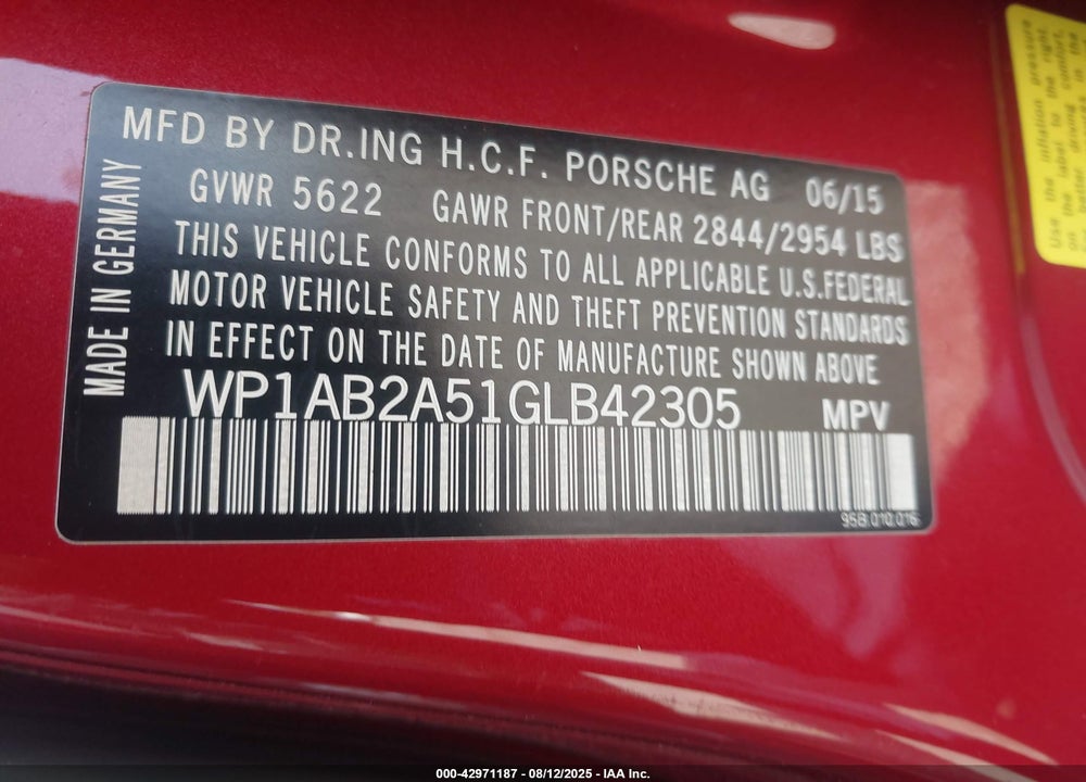 2016 PORSCHE MACAN S VIN: WP1AB2A51GLB42305
