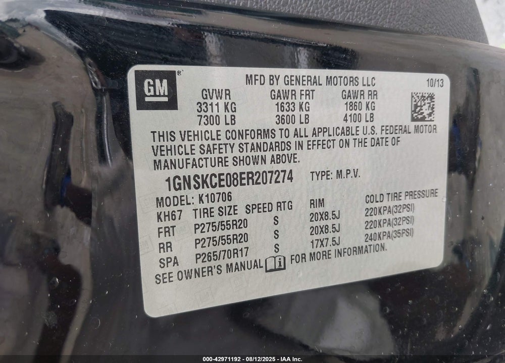 2014 CHEVROLET TAHOE LTZ VIN: 1GNSKCE08ER207274