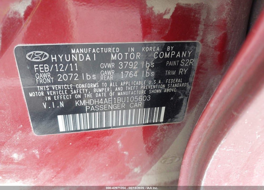 2011 HYUNDAI ELANTRA LIMITED (ULSAN PLANT) VIN: KMHDH4AE1BU105603