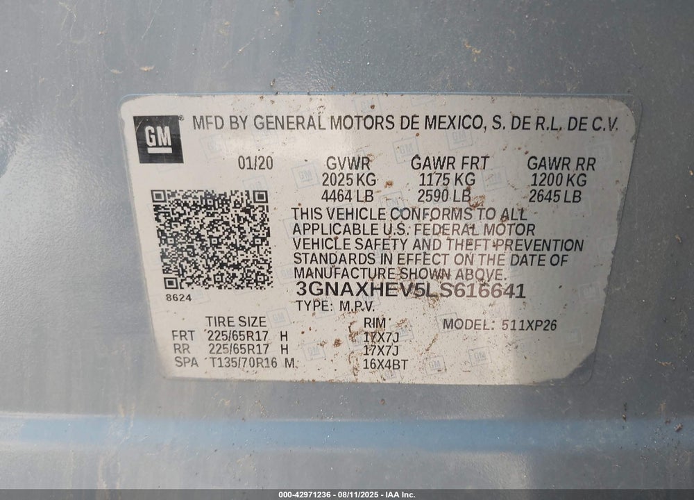 2020 CHEVROLET EQUINOX VIN: 3GNAXHEV5LS616641