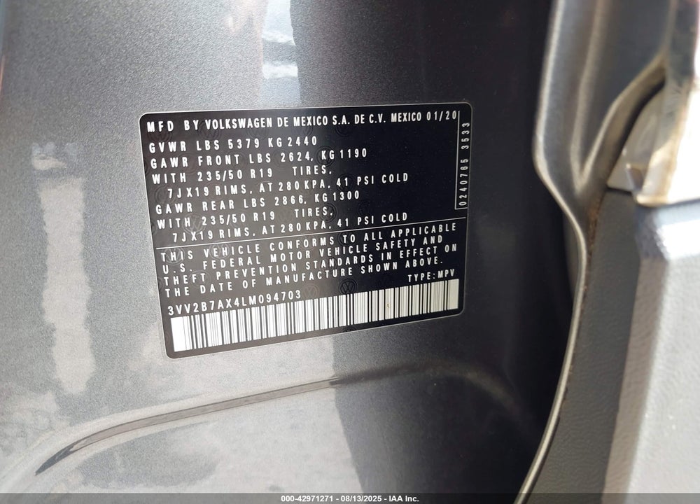 2020 VOLKSWAGEN TIGUAN VIN: 3VV2B7AX4LM094703