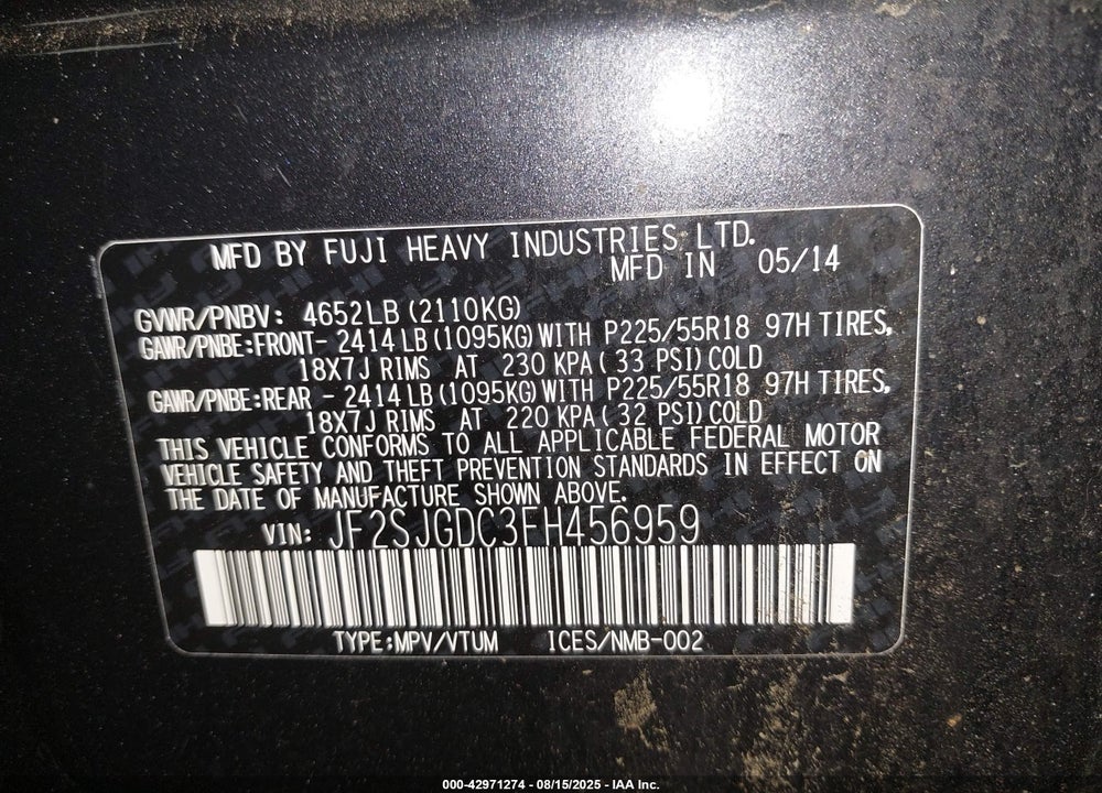 2015 SUBARU FORESTER 2.0XT PREMIUM VIN: JF2SJGDC3FH456959