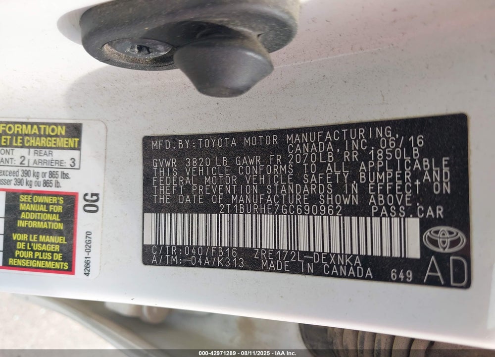 2016 TOYOTA COROLLA LE VIN: 2T1BURHE7GC690962