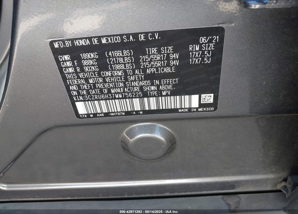 2021 HONDA HR-V VIN: 3CZRU6H37MM756225