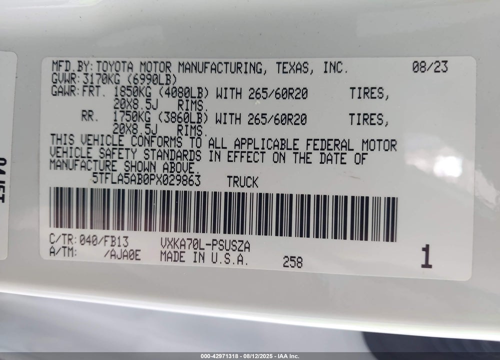 2023 TOYOTA TUNDRA VIN: 5TFLA5AB0PX029863