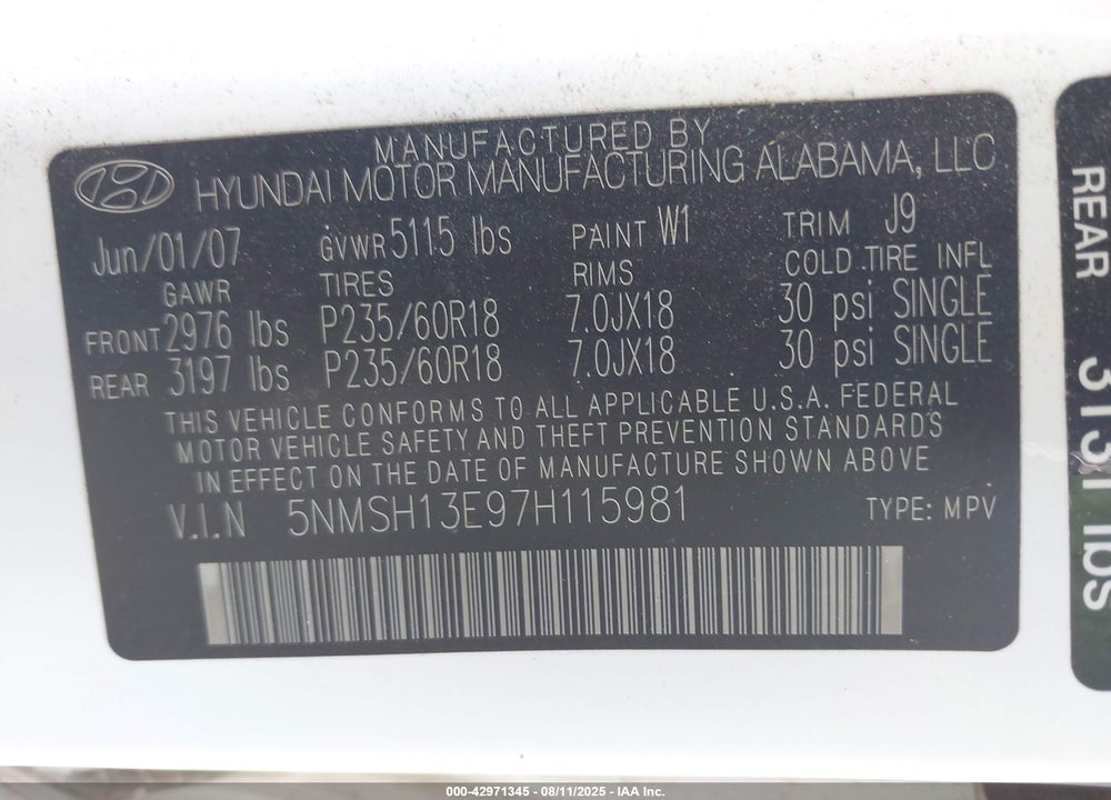 2007 HYUNDAI SANTA FE VIN: 5NMSH13E97H115981