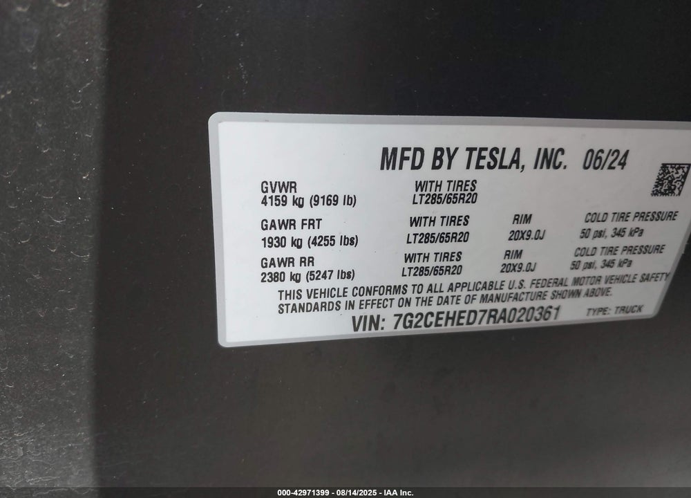 2024 TESLA CYBERTRUCK ALL-WHEEL DRIVE VIN: 7G2CEHED7RA020361