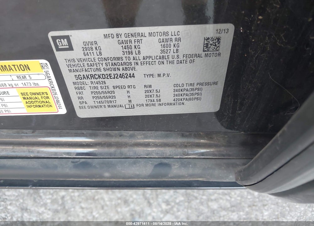 2014 BUICK ENCLAVE VIN: 5GAKRCKD2EJ246244