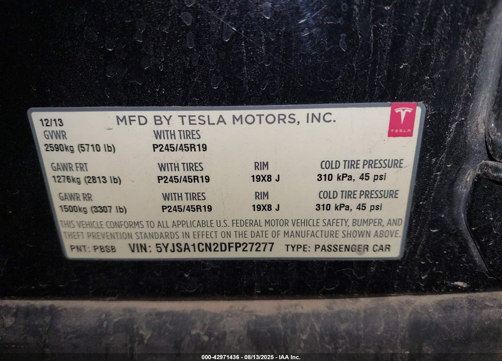 2013 TESLA MODEL S VIN: 5YJSA1CN2DFP27277