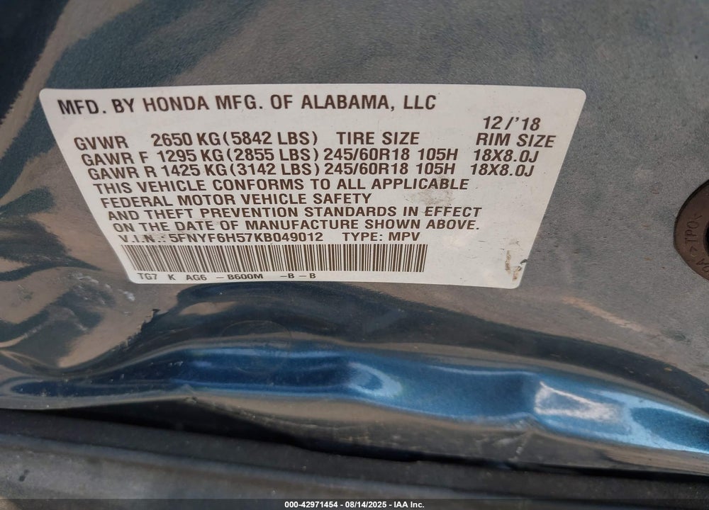 2019 HONDA PILOT VIN: 5FNYF6H57KB049012