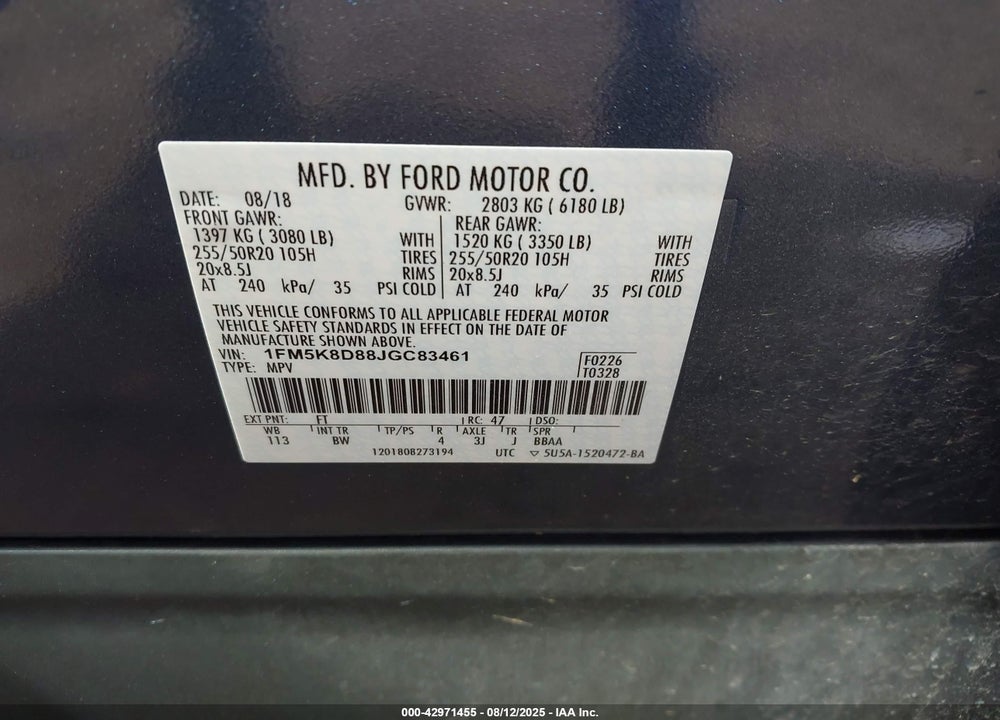 2018 FORD EXPLORER VIN: 1FM5K8D88JGC83461