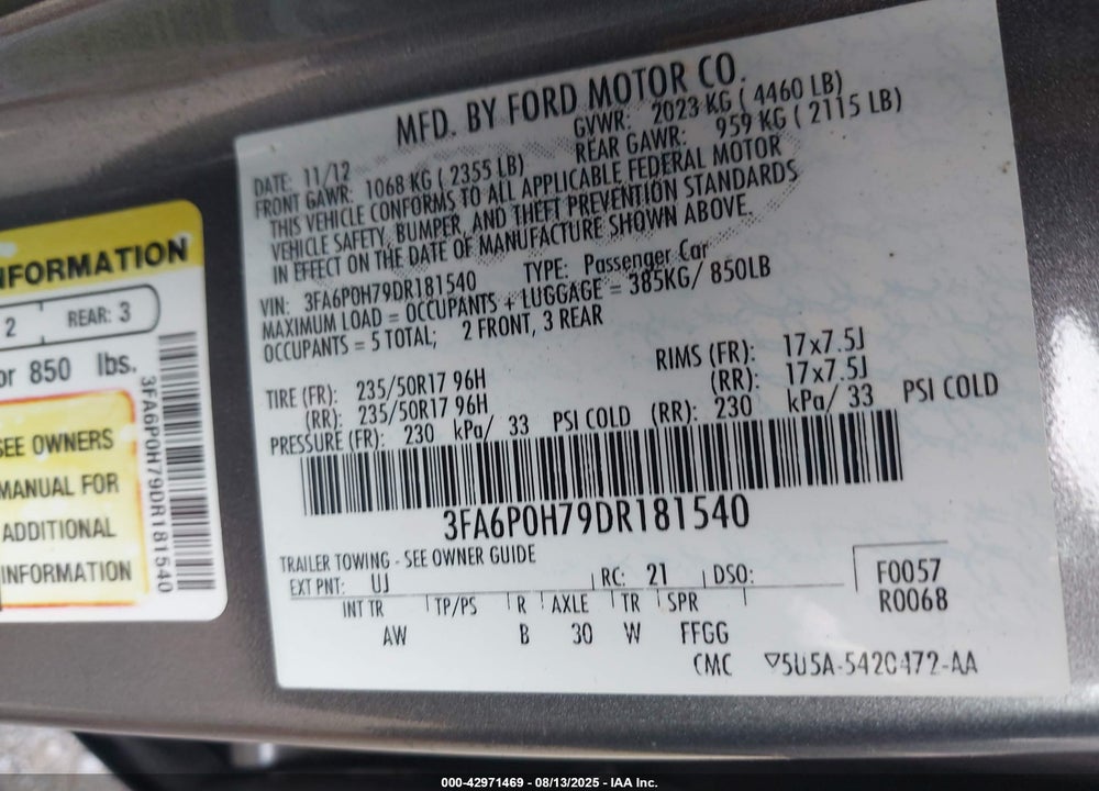 2013 FORD FUSION VIN: 3FA6P0H79DR181540