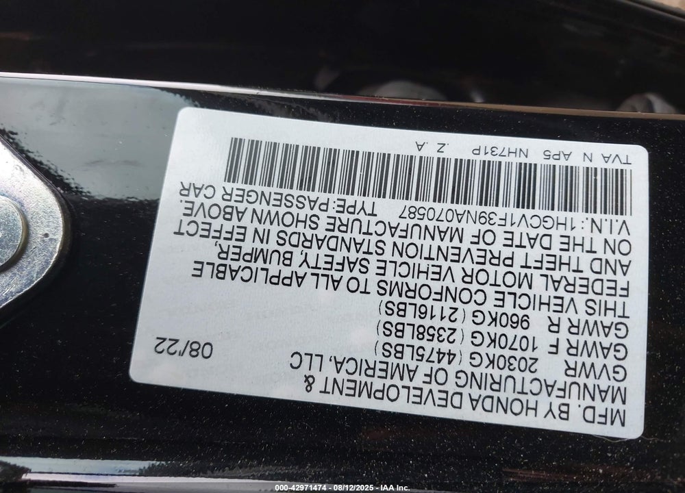 2022 HONDA ACCORD SPORT VIN: 1HGCV1F39NA070587