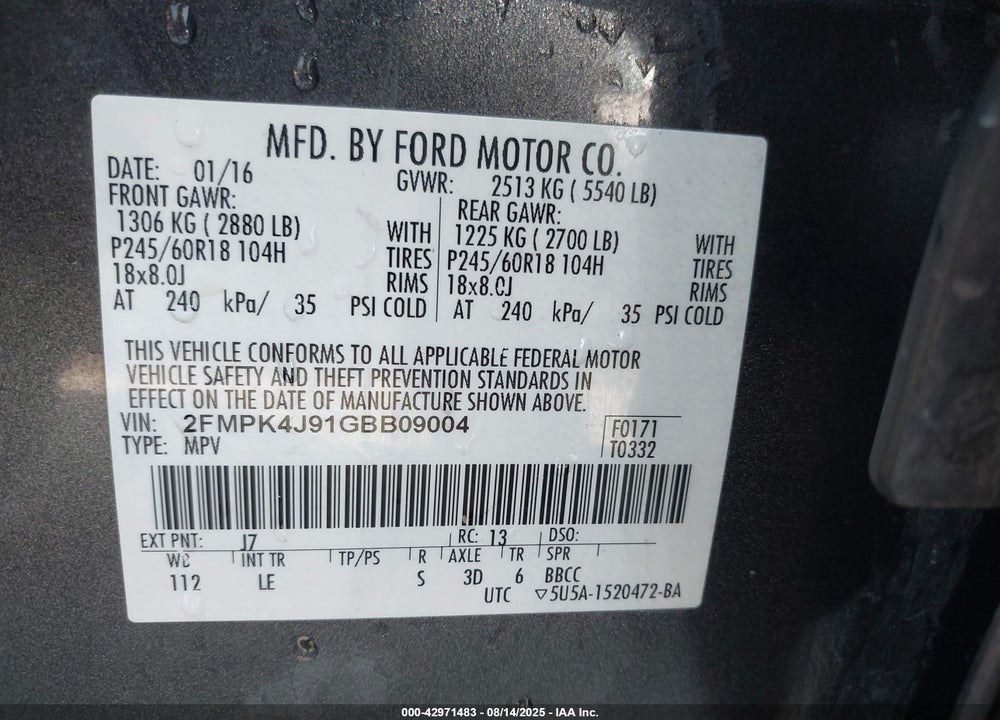 2016 FORD EDGE VIN: 2FMPK4J91GBB09004
