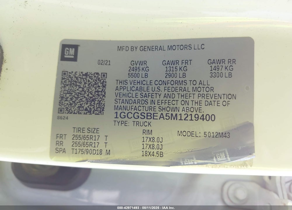2021 CHEVROLET COLORADO VIN: 1GCGSBEA5M1219400