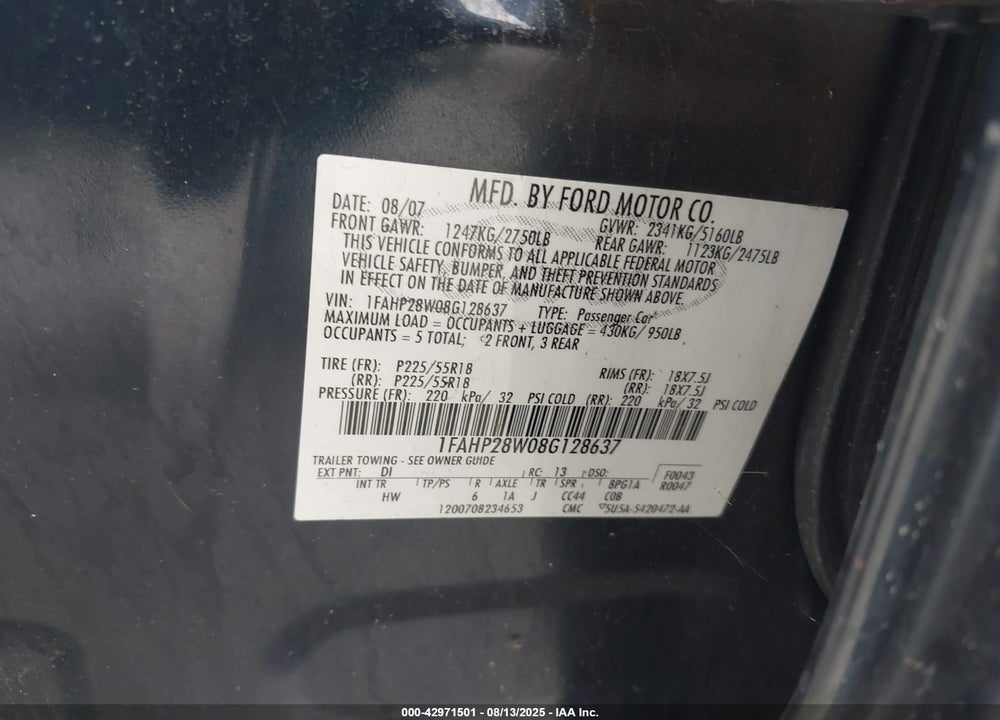 2008 FORD TAURUS LIMITED VIN: 1FAHP28W08G128637