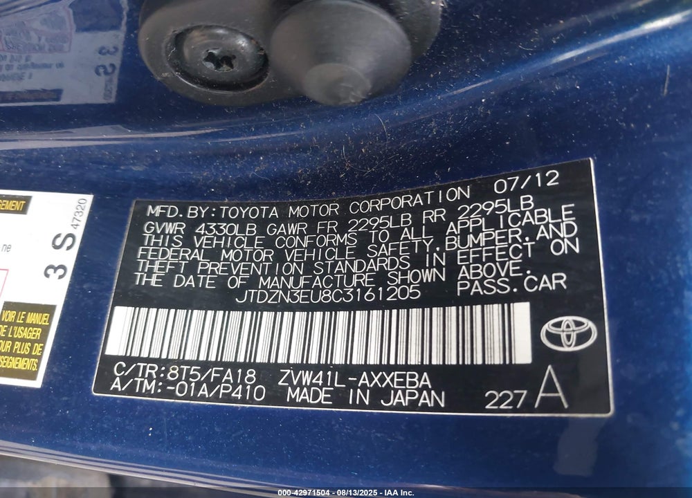 2012 TOYOTA PRIUS V VIN: JTDZN3EU8C3161205