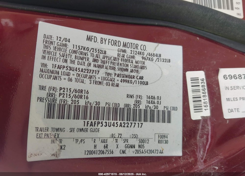 2005 FORD TAURUS SE VIN: 1FAFP53U45A227717