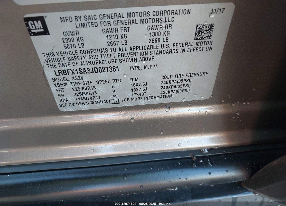 2018 BUICK ENVISION VIN: LRBFX1SA3JD027381