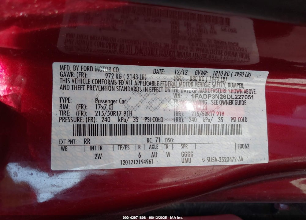 2013 FORD FOCUS VIN: 1FADP3N26DL227051
