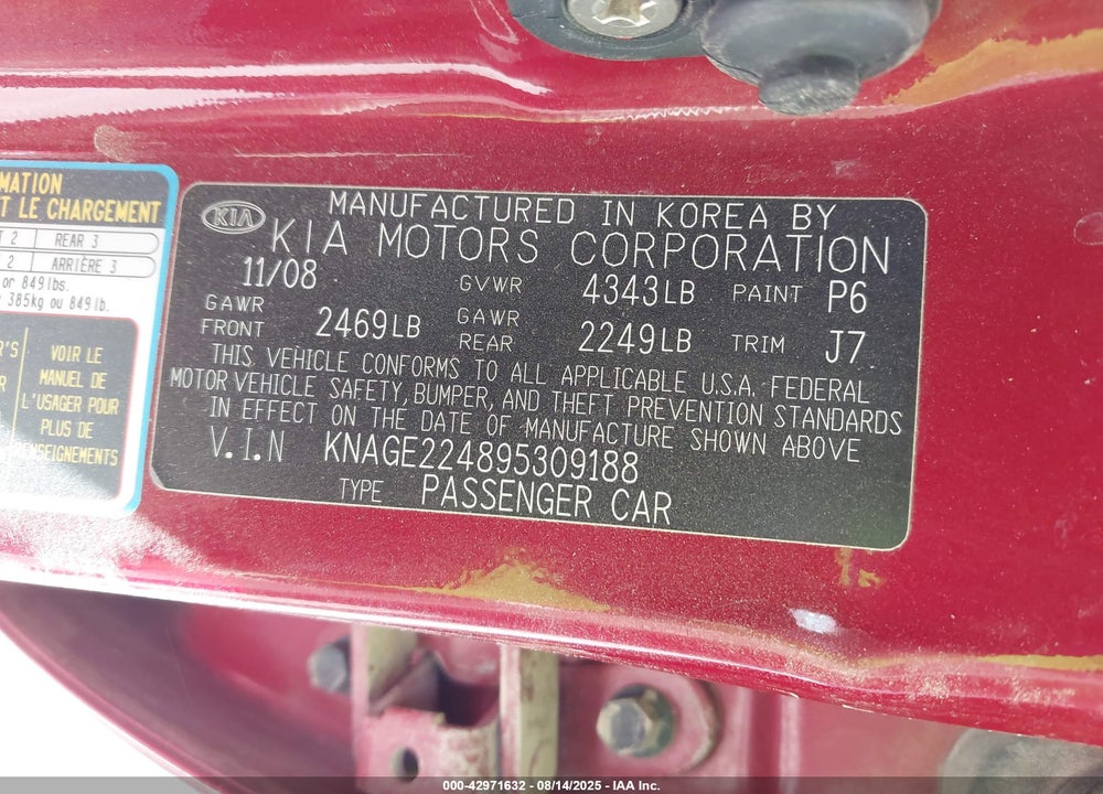 2009 KIA OPTIMA VIN: KNAGE224895309188
