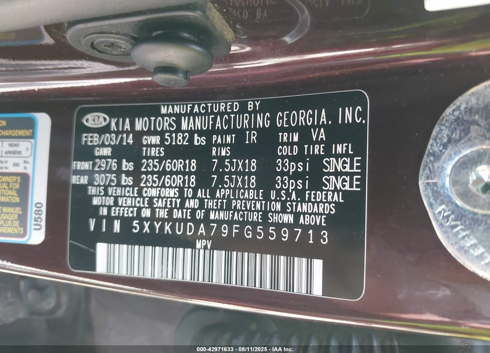 2015 KIA SORENTO VIN: 5XYKUDA79FG559713