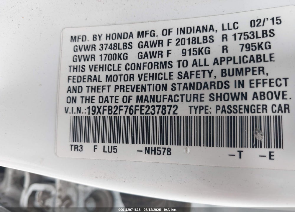 2015 HONDA CIVIC VIN: 19XFB2F76FE237872