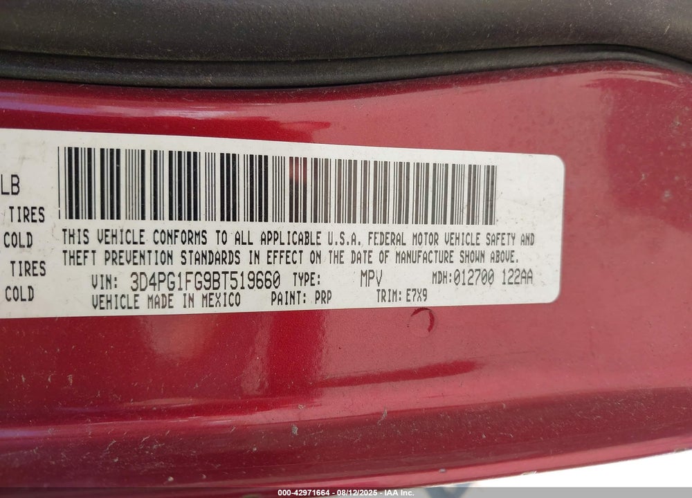 2011 DODGE JOURNEY VIN: 3D4PG1FG9BT519660