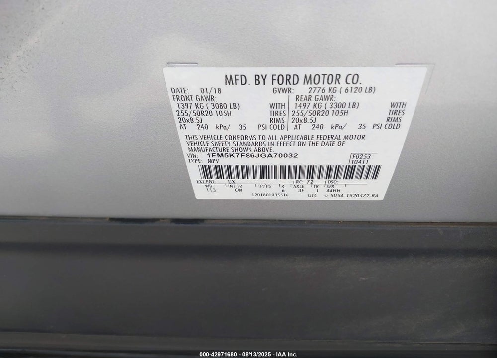 2018 FORD EXPLORER VIN: 1FM5K7F86JGA70032