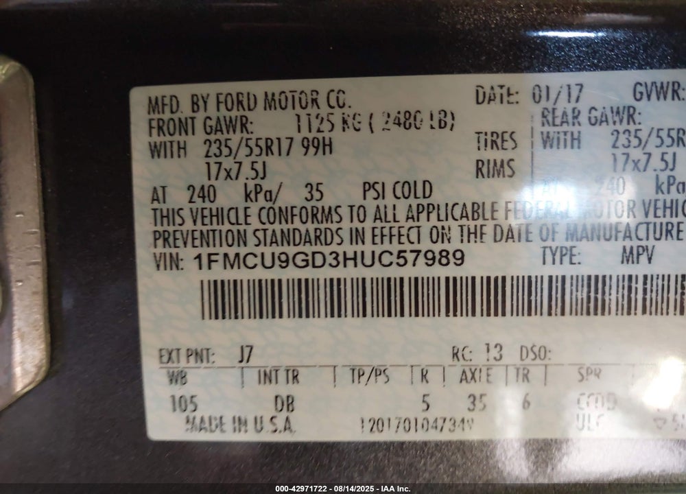 2017 FORD ESCAPE SE VIN: 1FMCU9GD3HUC57989