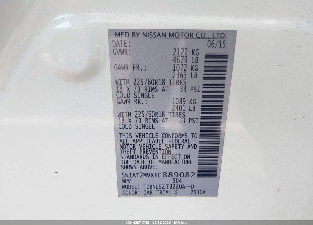 2015 NISSAN ROGUE SL VIN: 5N1AT2MVXFC889082