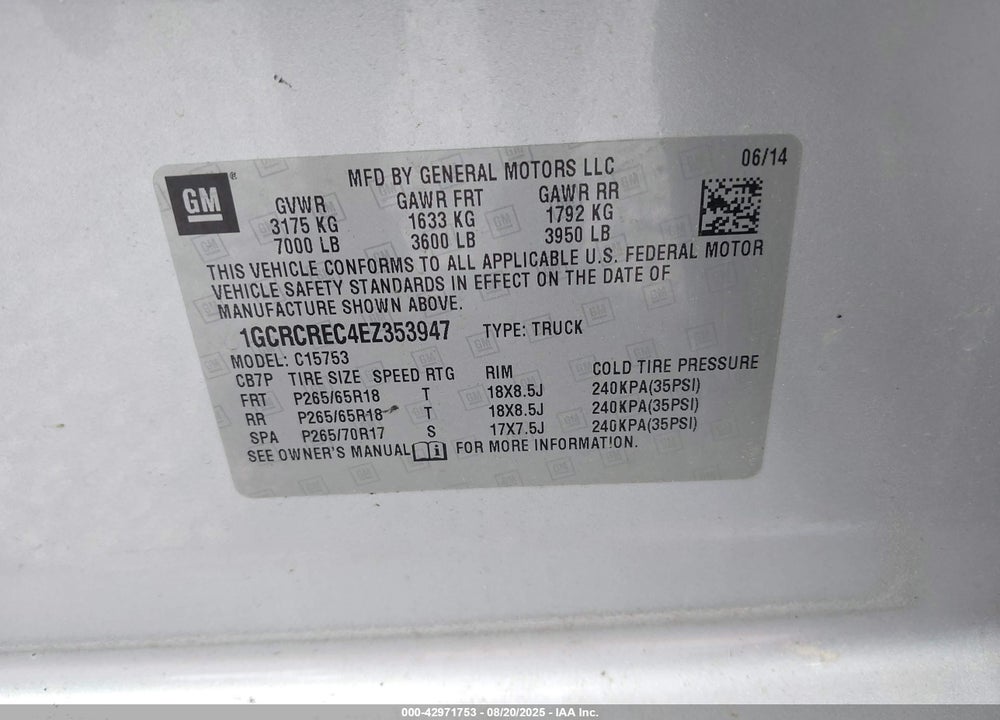 2014 CHEVROLET SILVERADO 1500 VIN: 1GCRCREC4EZ353947