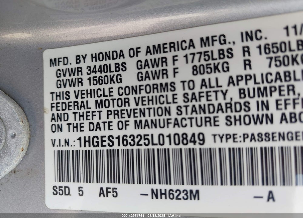 2005 HONDA CIVIC VP VIN: 1HGES16325L010849