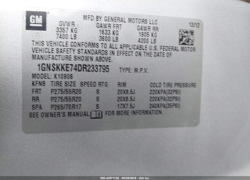 2013 CHEVROLET SUBURBAN 1500 VIN: 1GNSKKE74DR233795