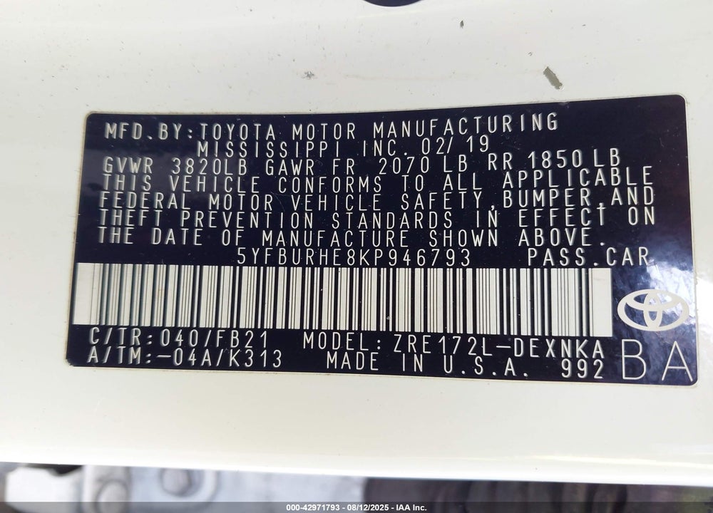 2019 TOYOTA COROLLA VIN: 5YFBURHE8KP946793